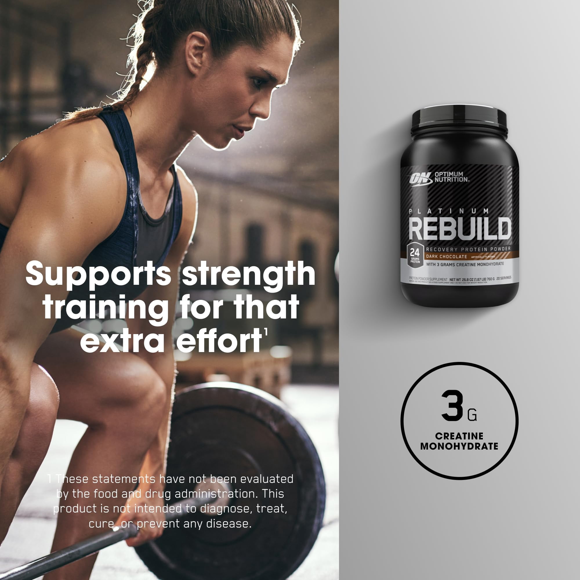 Optimum Nutrition Platinum Rebuild, Platinum Blend Protein Powder with Creatine Monohydrate, Dark Chocolate, 20 Servings