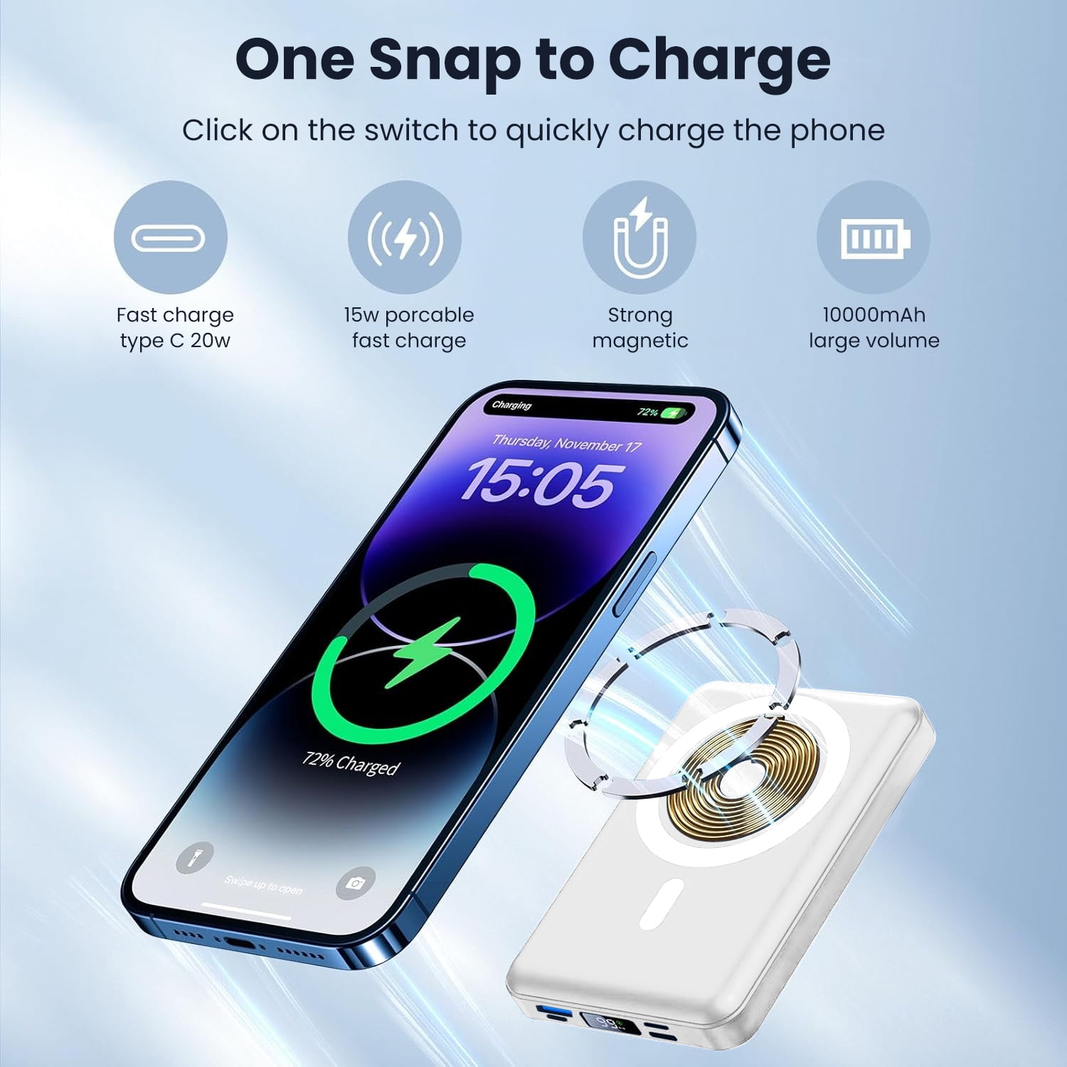 GASYESOY Portable Charger,10000mAh 20W Power Bank,Built-in Cables Fast Charging,with LED Display for iPhone 16/15/14/13/12 and Android,White