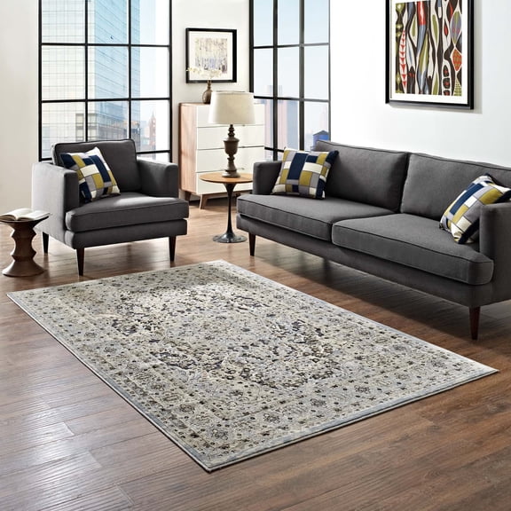 Modway Elqenna Ornate Vintage Floral Turkish 5x8 Area Rug in Blue and Cream