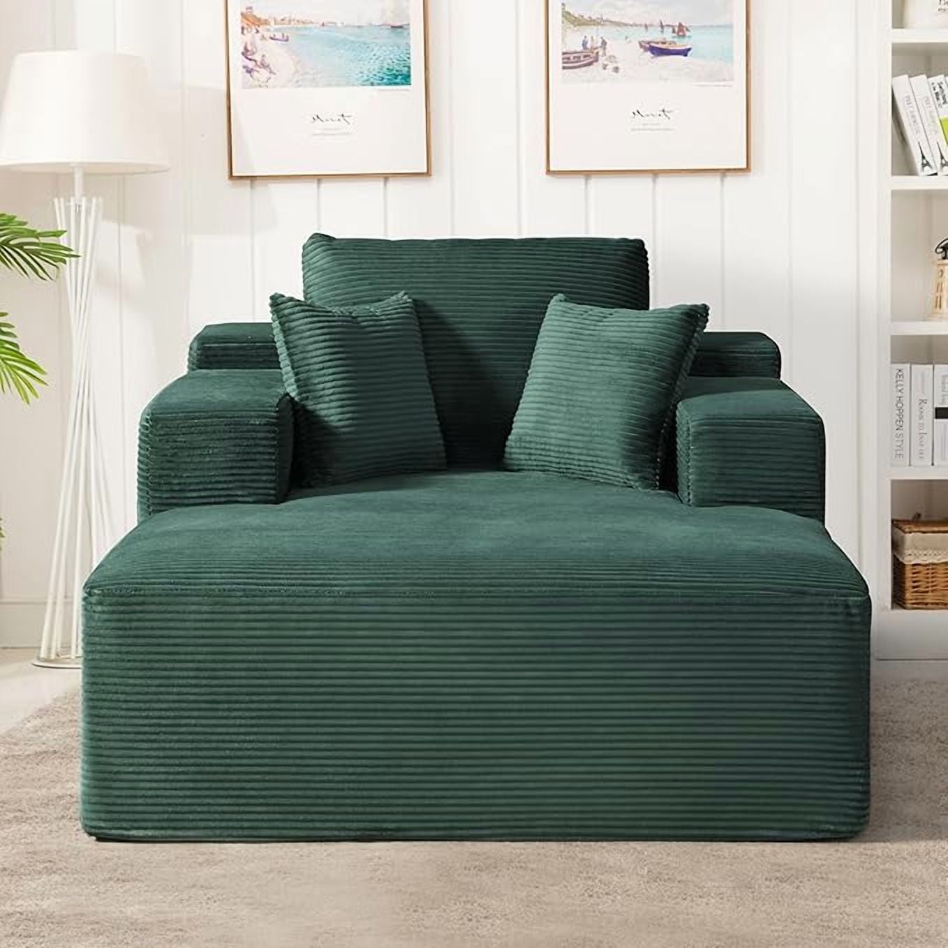 Chaise Lounge Chair Indoor – Oversized Corduroy Couch with Wide Armrest & Throw Pillows, Cozy Boneless Sleeper Sofa Bed Armchair
