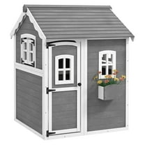 Kids Wooden Playhouse, Outdoor Cottage, Garden Play House w/ Floor, Door, Windows & Planter - Ages 3-8