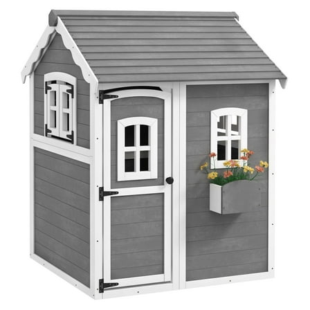Kids Wooden Playhouse, Outdoor Cottage, Garden Play House w/ Floor, Door, Windows & Planter - Ages 3-8