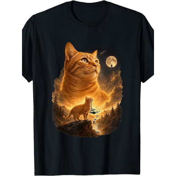 Orange Cat Howling at The Moon Cosmic Night Sky T-Shirt