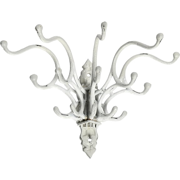 Antique Decorative Cast Iron Multi Hook Wall Hanger with 15 Hooks, Distressed White