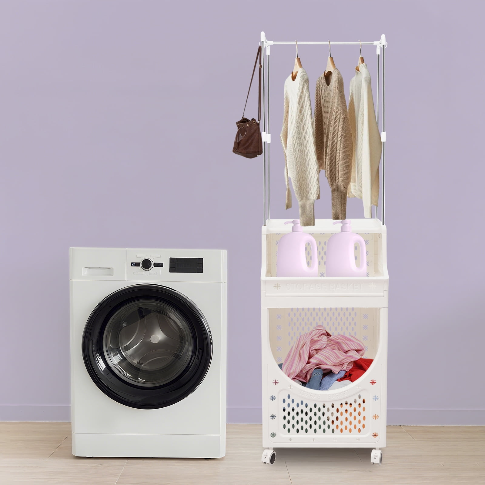 3-Tier Laundry Basket with Wheels Laundry Hamper Cart with Clothes Rack Dirty Clothes Hamper for Bathrooms