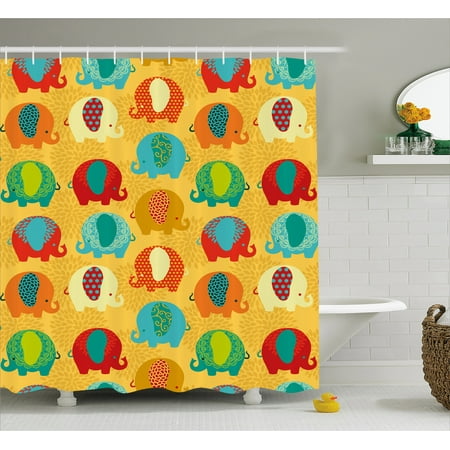 Kids Shower Curtain, African Elephants with Asian Ornate Details Cartoon Jungle Mammal Thailand Zoo Animal, Fabric Bathroom Set with Hooks, 69W X 70L Inches, Multicolor, by