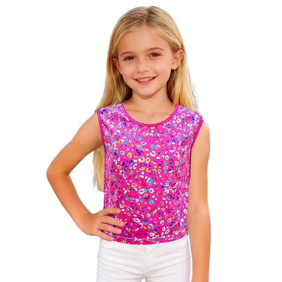 Byoo Toddler Girls Leopard Print Vest Sleeveless Round Neck Shiny Lightweight Crop Top Comfy Summer Top