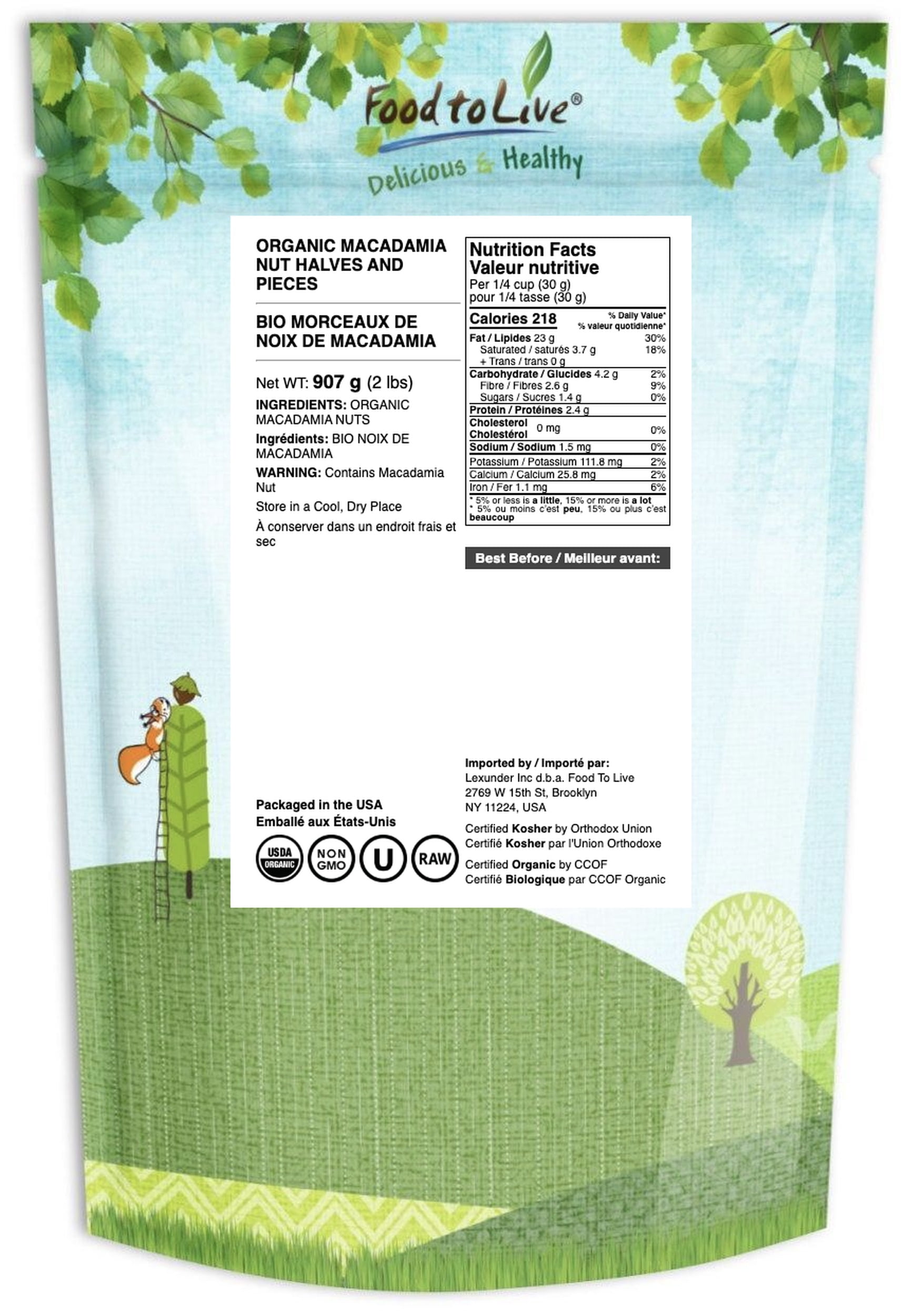 Organic Macadamia Nut Halves and Pieces, 2 Pounds — Non-GMO, Kosher, Raw, Vegan — by Food to Live