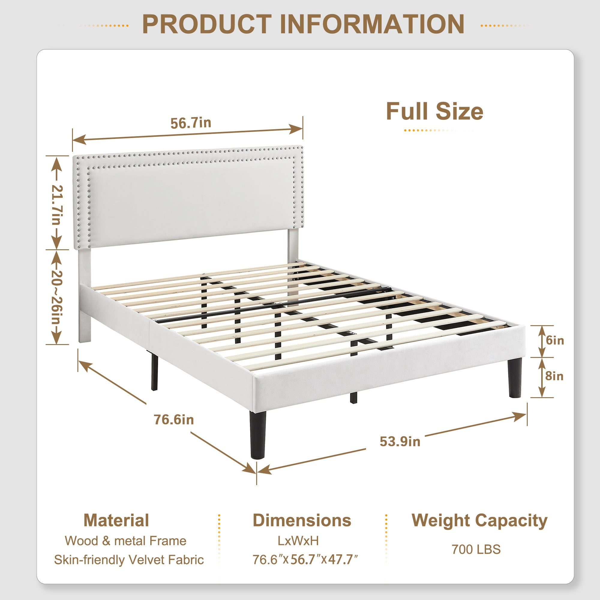 Katkuca Full Bed Frame, Upholstered Queen Size Platform Bed Frame with Adjustable Headboard, Strong Wood Slat Support, No Box Spring Needed, White