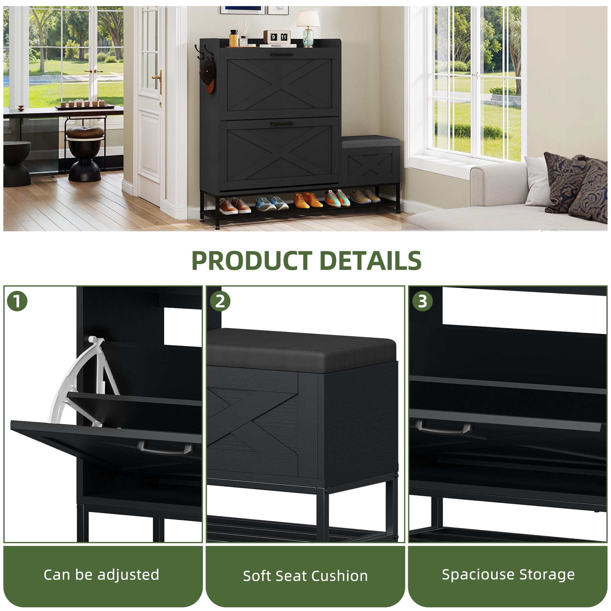 Uforic Farmhouse Narrow Slim Shoe Storage Cabinet with 2 Flip Drawers&Shoe Bench for 16 Pairs for Entryway, Foyer, Black