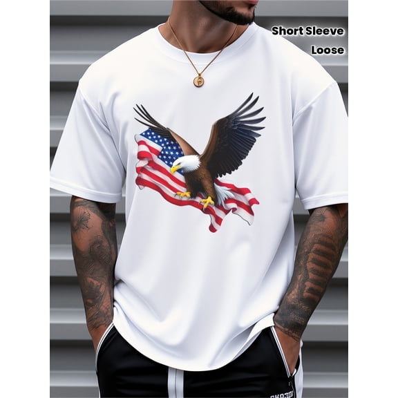 Patriotic American Flag Bald Eagle Men's White T-Shirt Retro USA Pride Short Sleeve Loose Fit Casual Summer Tee