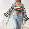 thumbnail image 2 of TFEOQRY Pullover Sweater for Women Loose Striped Sexy Knitwear Long Sleeved Round Neck Sweater Top Blue, 2 of 5