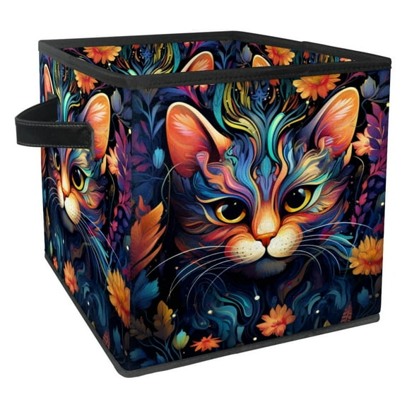 Cat Foldable Toy Box Organizer Bins Storage Cubes with Handle, 10.8"x10.5"x10.6", Large Capacity