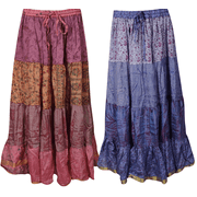 Mogul Womens Vintage Sari A-Line Full Flare Pink Purple Bohemian Fashion Gypsy Skirts Lot Of 2 Pcs
