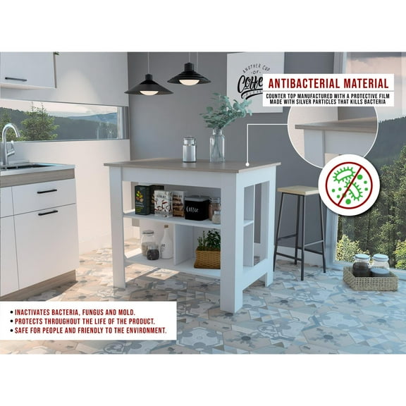 Cala Kitchen Island Antibacterial, Three Shelves, Four Legs Light Gray / White