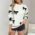 thumbnail image 2 of Holzkary Women's Bow Sweater Long Sleeve Crew Neck Vintage Y2K Knitted Sweater Women Long Sleeve Bowknot Printed Casual Knitted Jumper Lightweight Sweater Fall Fashion 2025 Loose Pullover Tops White S, 2 of 6