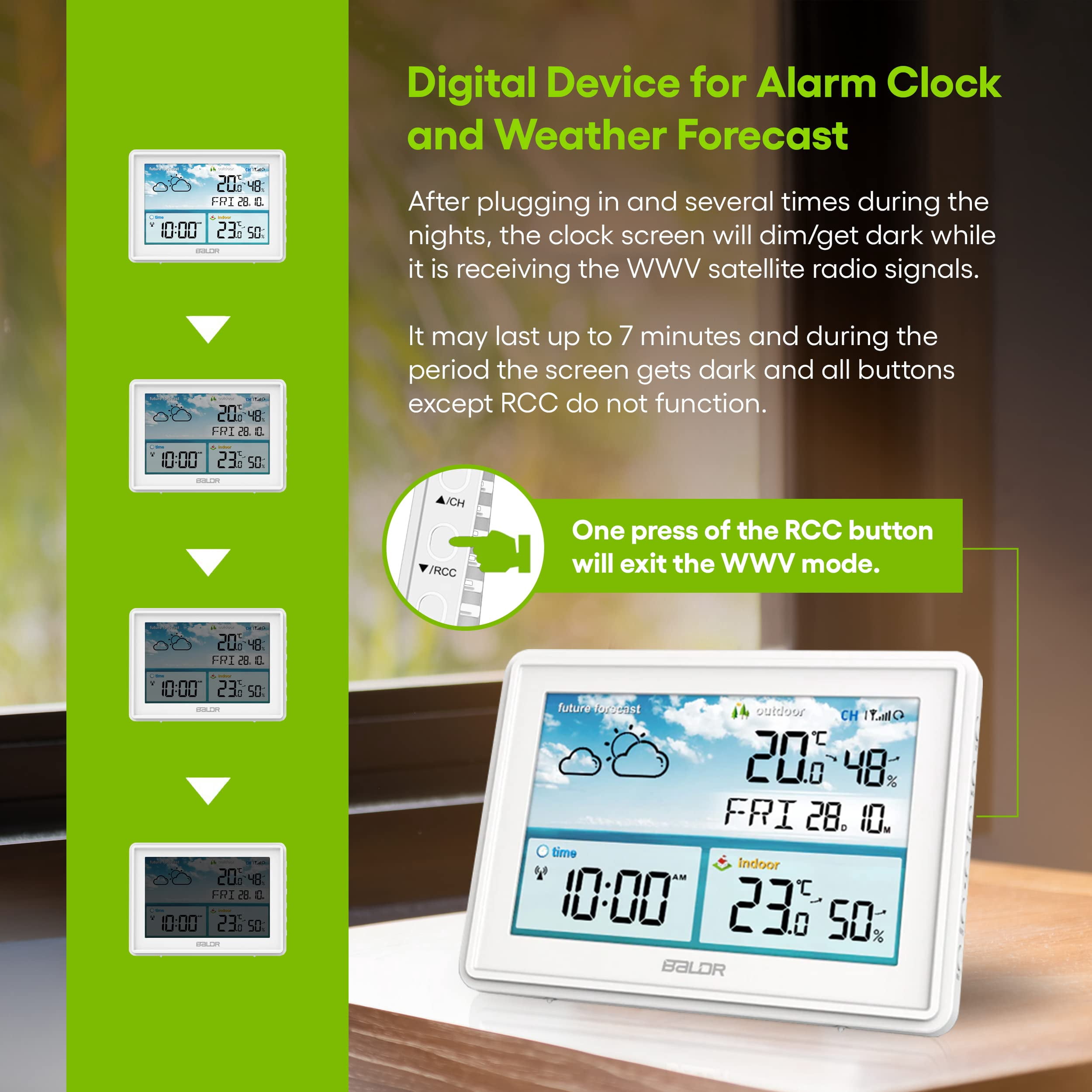 Baldr Weather Station with Indoor Outdoor Thermometer, Wireless Sensor, Atomic Clock, Humidity Monitor, White