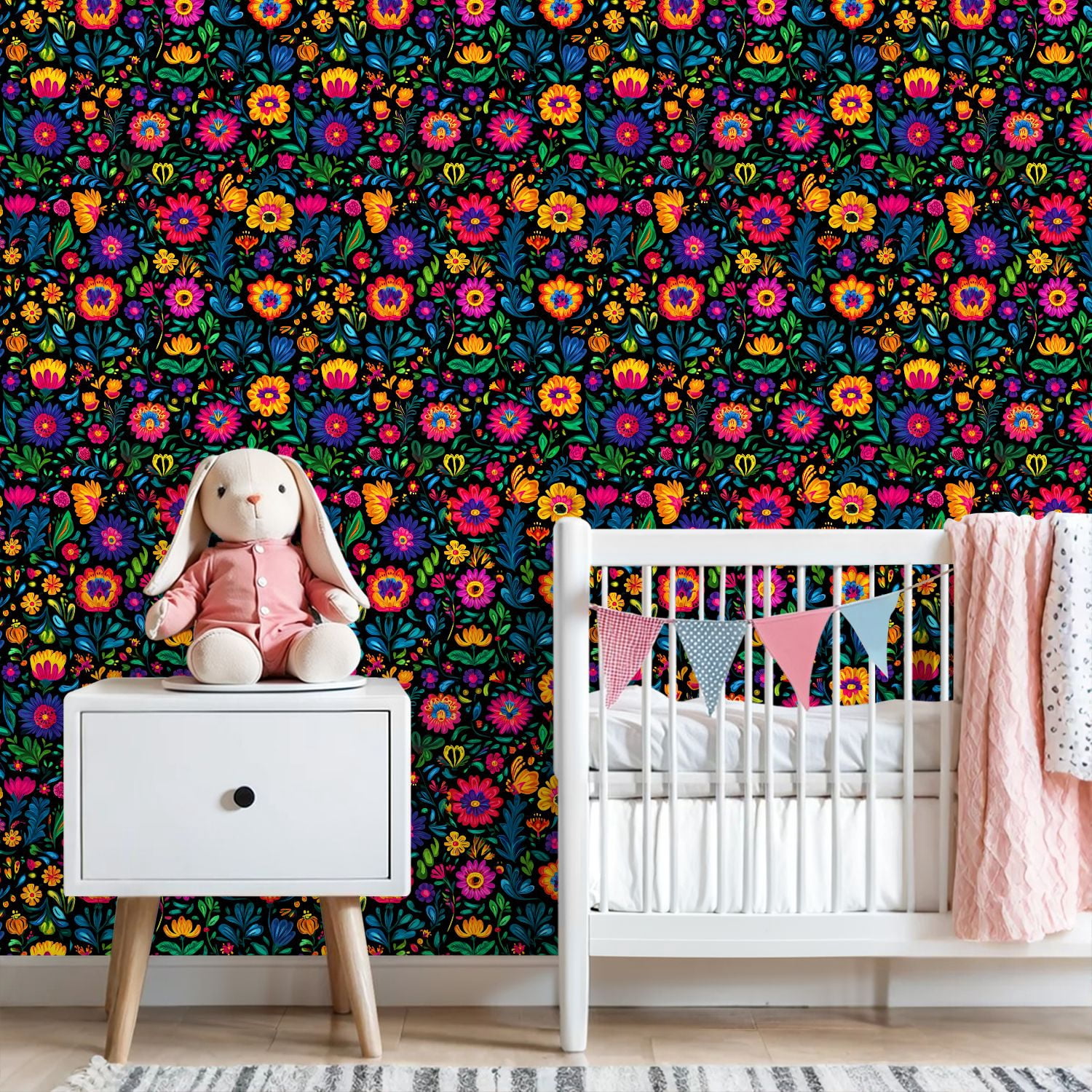 Mexican Peel and Stick Wallpaper Colorful Floral Vibrant Flowers Leaves Black Wall Mural 23.6in x 9.8ft Self Adhesive Removable Wall Paper Renter Friendly Wallpaper for Nursery Bedroom Cabinets