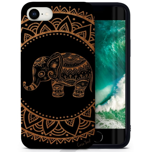 Case Yard Wooden Case for iPhone-SE Soft TPU Silicone cover Slim Fit Shockproof Wood Protective Phone Cover for Girls Boys Men and Women Supports Wireless Charging Elephant Mandala Design
