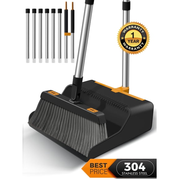 FVSA Broom and Dustpan Set with 50.4" Long Handle Extension Pole Set for Home (Black Orange)