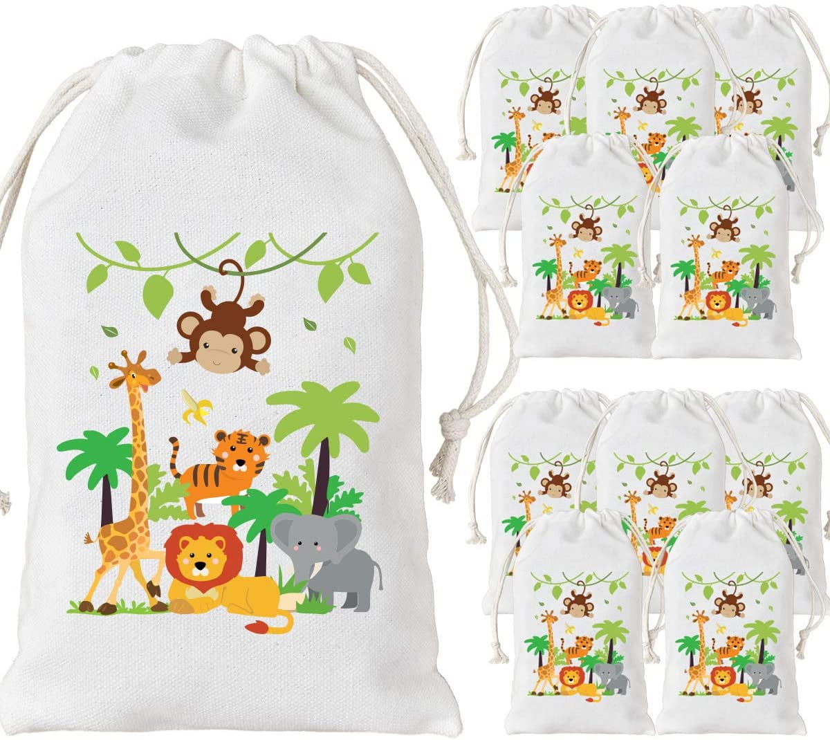Jungle Animal Party Favor Bags 12 Pack - Candy Goodie Treat Bags for Safari Baby Shower Wild One Birthday Decorations or Animal for 1st 2nd 3rd Birthday