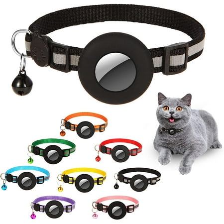 Airtag Cat Collar Breakaway, Reflective Collars with Apple Air Tag GPS Holder and Bell for Kittens and Puppies (Black)