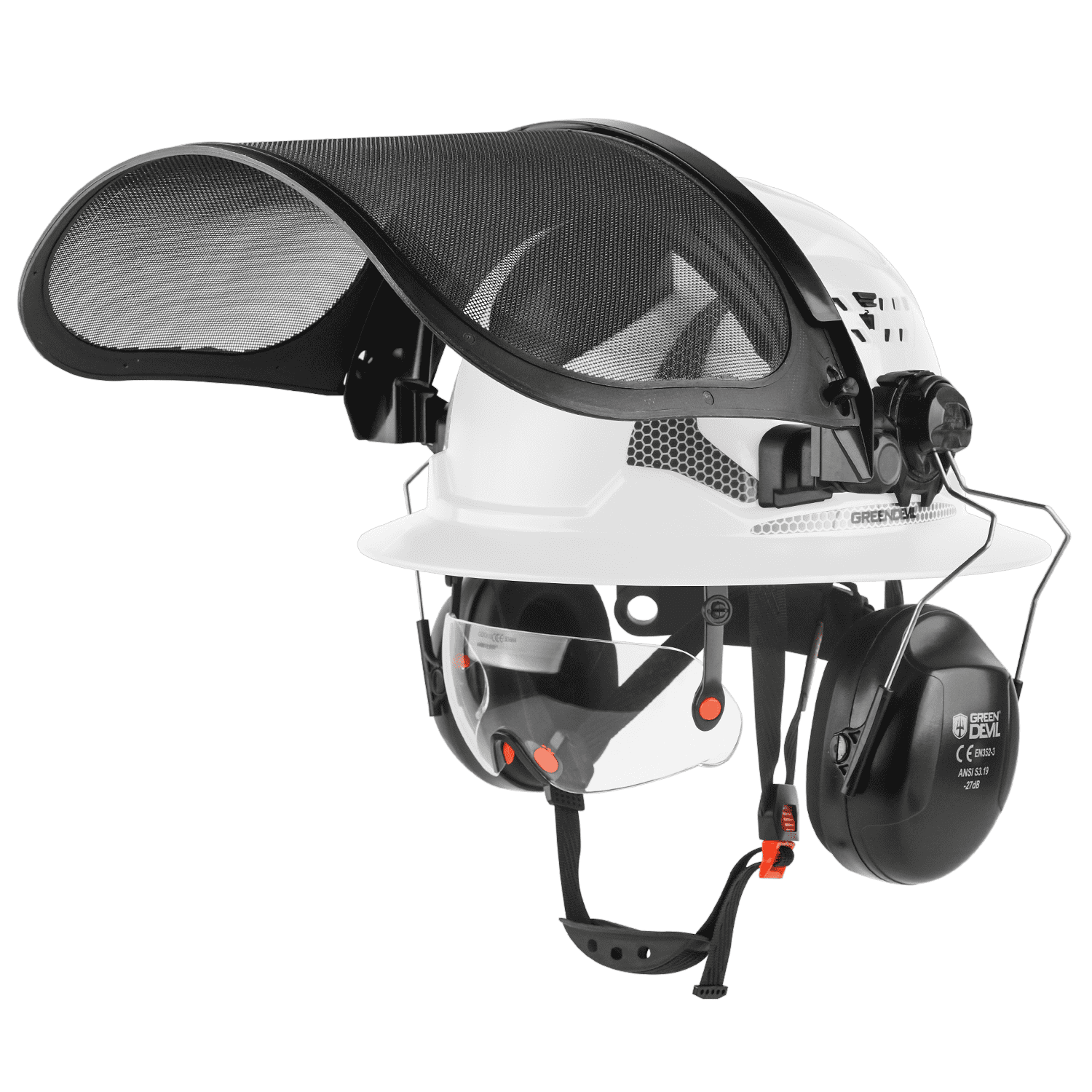 GREEN DEVIL Industrial Chainsaw Helmet with Face Shield Built in Visor and Ear Muffs 4 in 1 System ANSI Z89.1 Full Brim Safety Hard Hat Adjustable Headgear Ideal for Forestry and Arborist Work