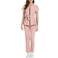 thumbnail image 2 of WULMLEO Womens Scrubs Outfits 2 Piece Short Sleeve Medical Scrub Sets Petite V Neck Casual Nursing Workwear Tops and Pants Stretch Working Zip up Comfortable Nurse Uniform Pink 2XL, 2 of 5