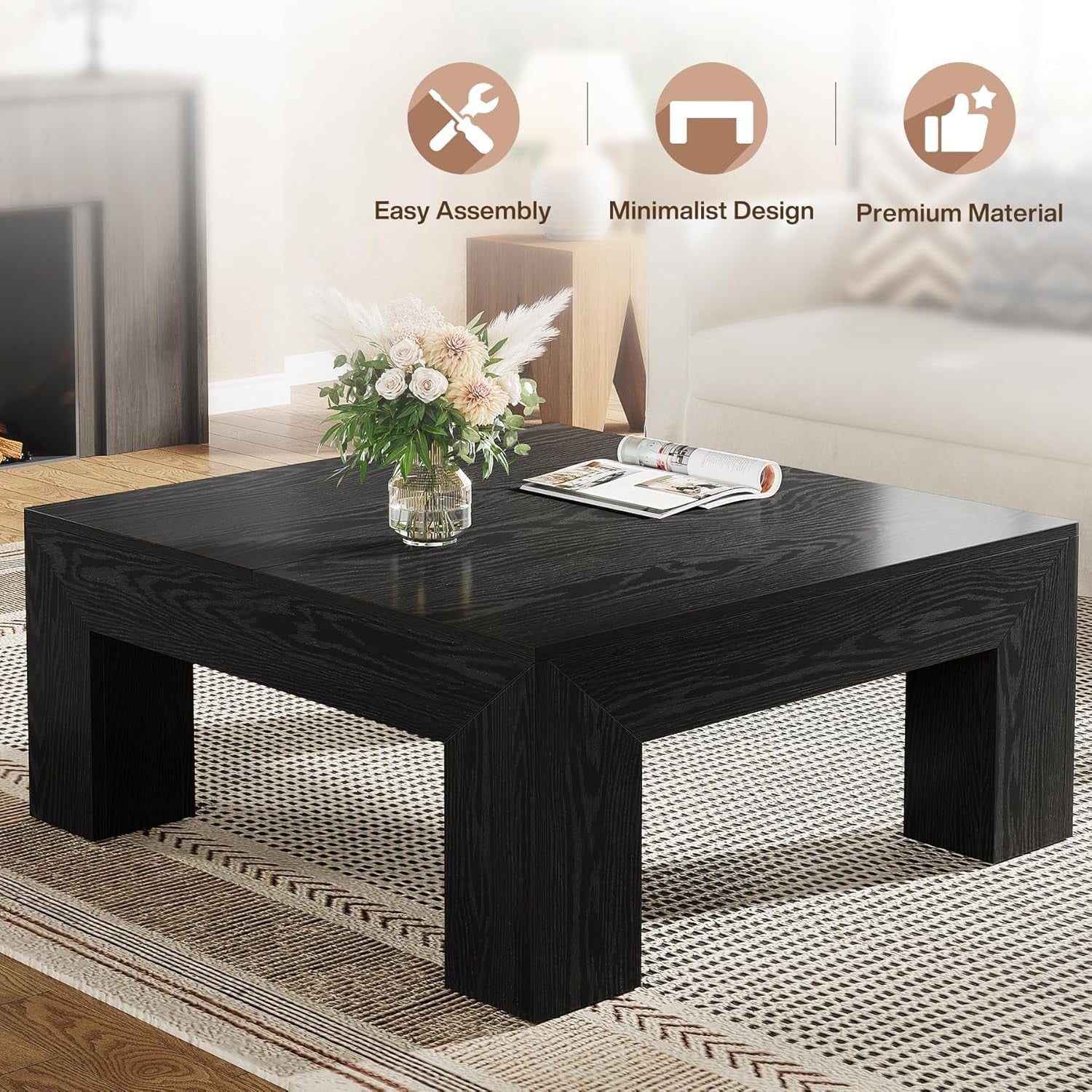 Finmind 39.4-Inch Square Coffee Table for Living Room, Farmhouse All Wood Accent Center Cocktail Table