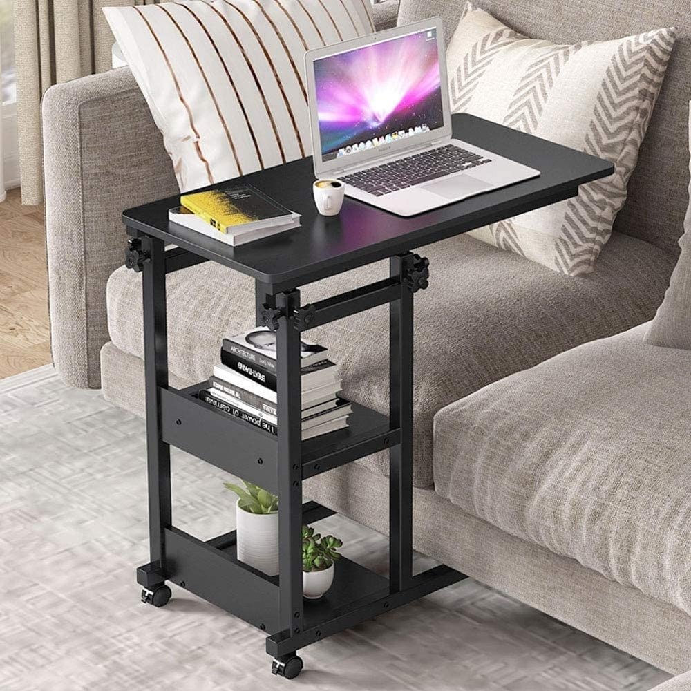Height Adjustable C Table With Storage Shelves And Wheels