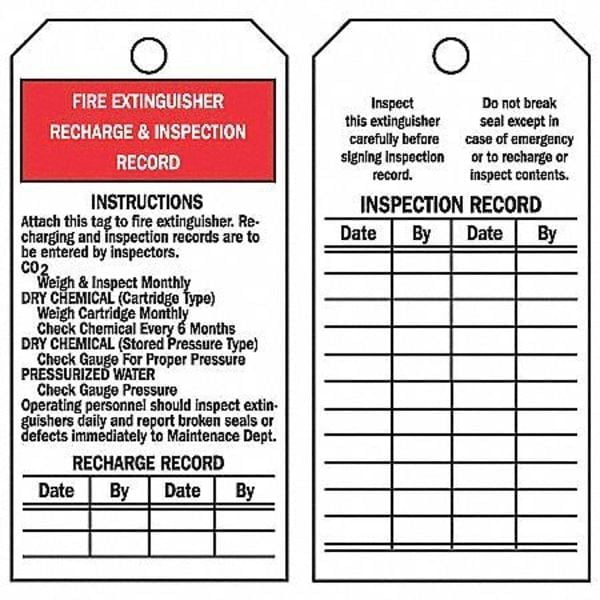Tag, Fire Extinguisher, PVC, 5 3/4 in H x 2 7/8 in W, White, Rectangle, 25 PK