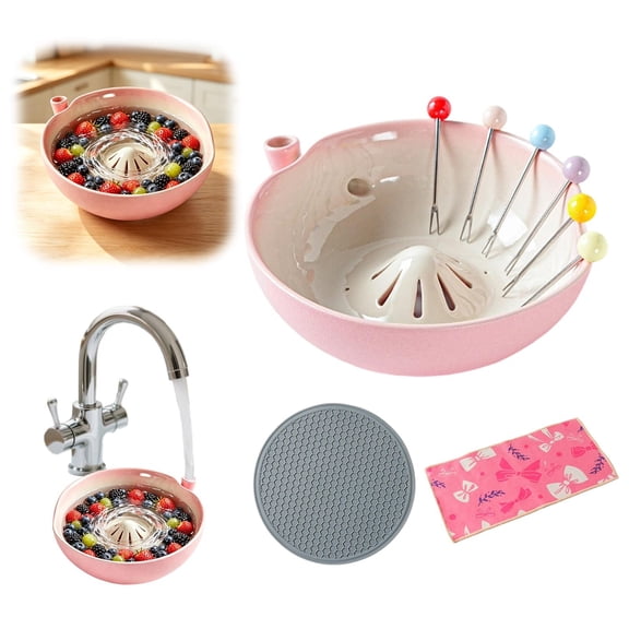 DLMCUH Ceramic Berry Washing Bowl, Drain Hole Fruit Colander, Self‑Rinsing Fruit Washer, Multi‑Functional Kitchen Bowl for Strawberries Blueberries Grapes