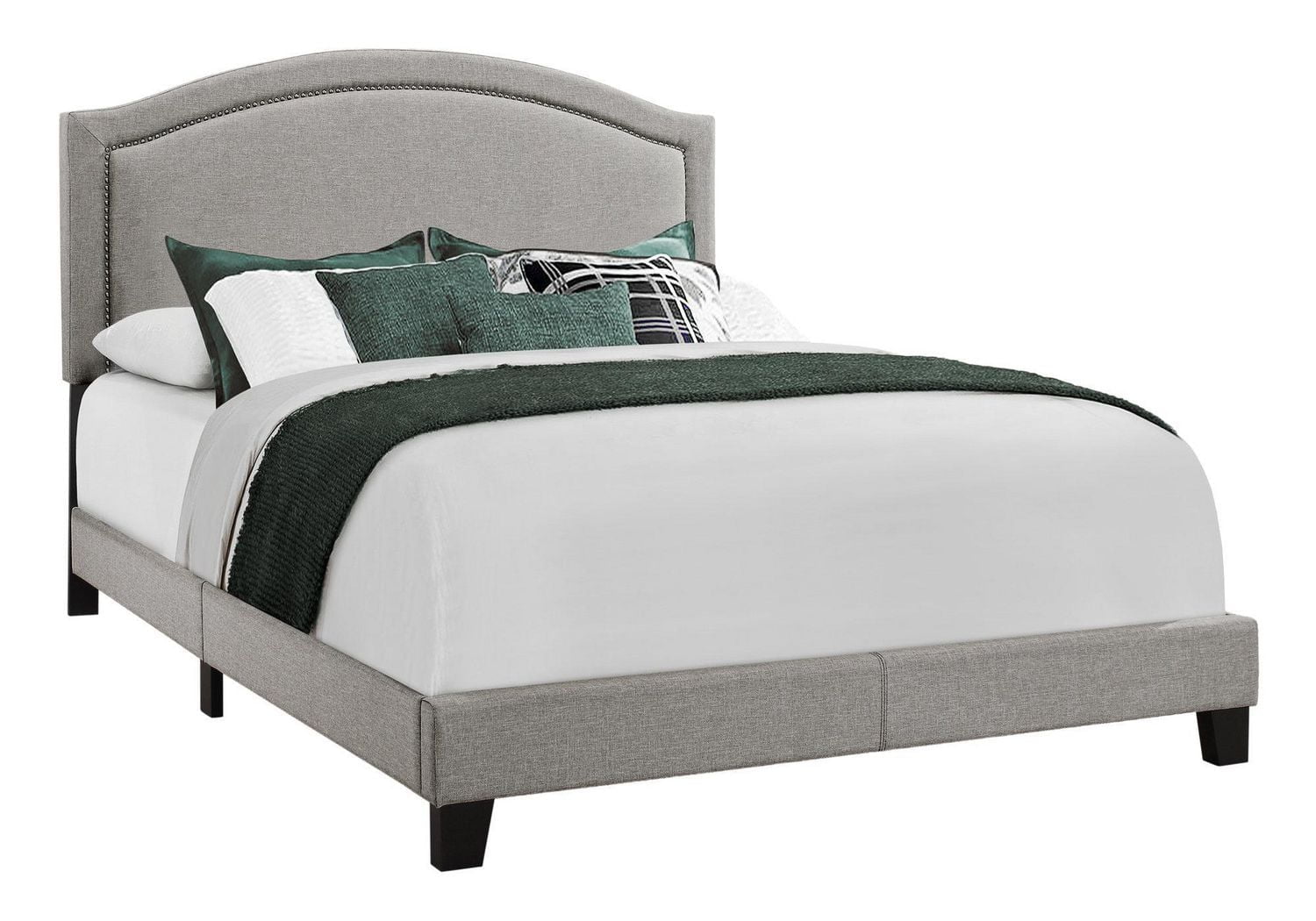 Monarch Specialties Bed, Queen Size, Platform, Bedroom, Frame, Upholstered, Linen Look, Wood Legs, Grey, Chrome, Transitional