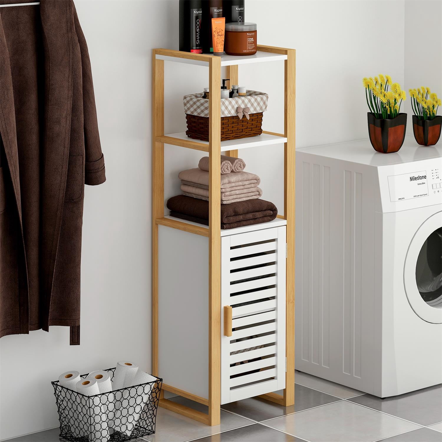 Canddidliike 3-Tier Wood Bathroom Storage Shelf with Single Door, Tall ...
