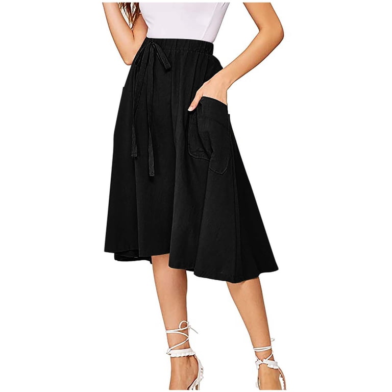 knee length dresses for ladies Fair Indigo Women's 100% Organic Cotton Midi Skirt with Pockets S / Black