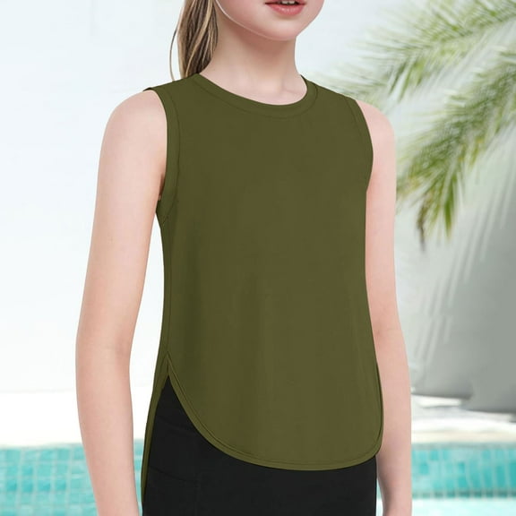 Girls Sport Tank Tops Sleeveless Crewneck Solid Color Curved Hem Summer Athletic Gym Tops Size 5-6Y