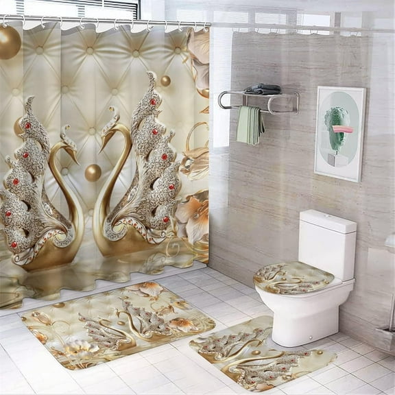 Summer Golden Swans 4PCS Bathroom Sets with Shower Curtain and Rugs Decor Shower Curtain Sets with Non-Slip Rug Toilet Lid Cover U-Shaped Mat with Hooks 72"x72" Marble Wedding