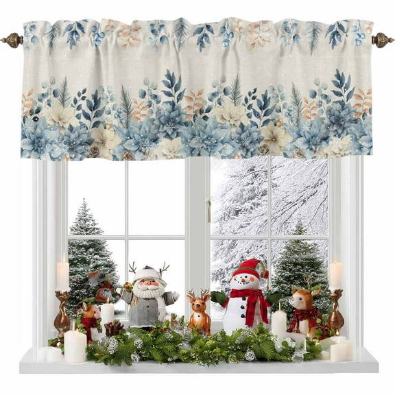 Rod Pocket Window Valances Christmas Poinsettia Winter Snowflake Short Kitchen Curtains Eucalyptus Berry Retro Linen Window Treatment Drapes for Bedroom Bathroom Living Room 54x18In,1 Panel
