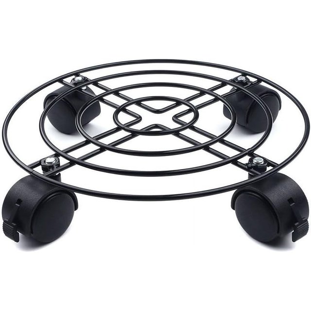 Soporte redondo para plantas, carrito para macetas, base para macetas, soporte para plantas extra resistente, soporte metálico redondo para macetas con ruedas, negro, 35 x 6 cm