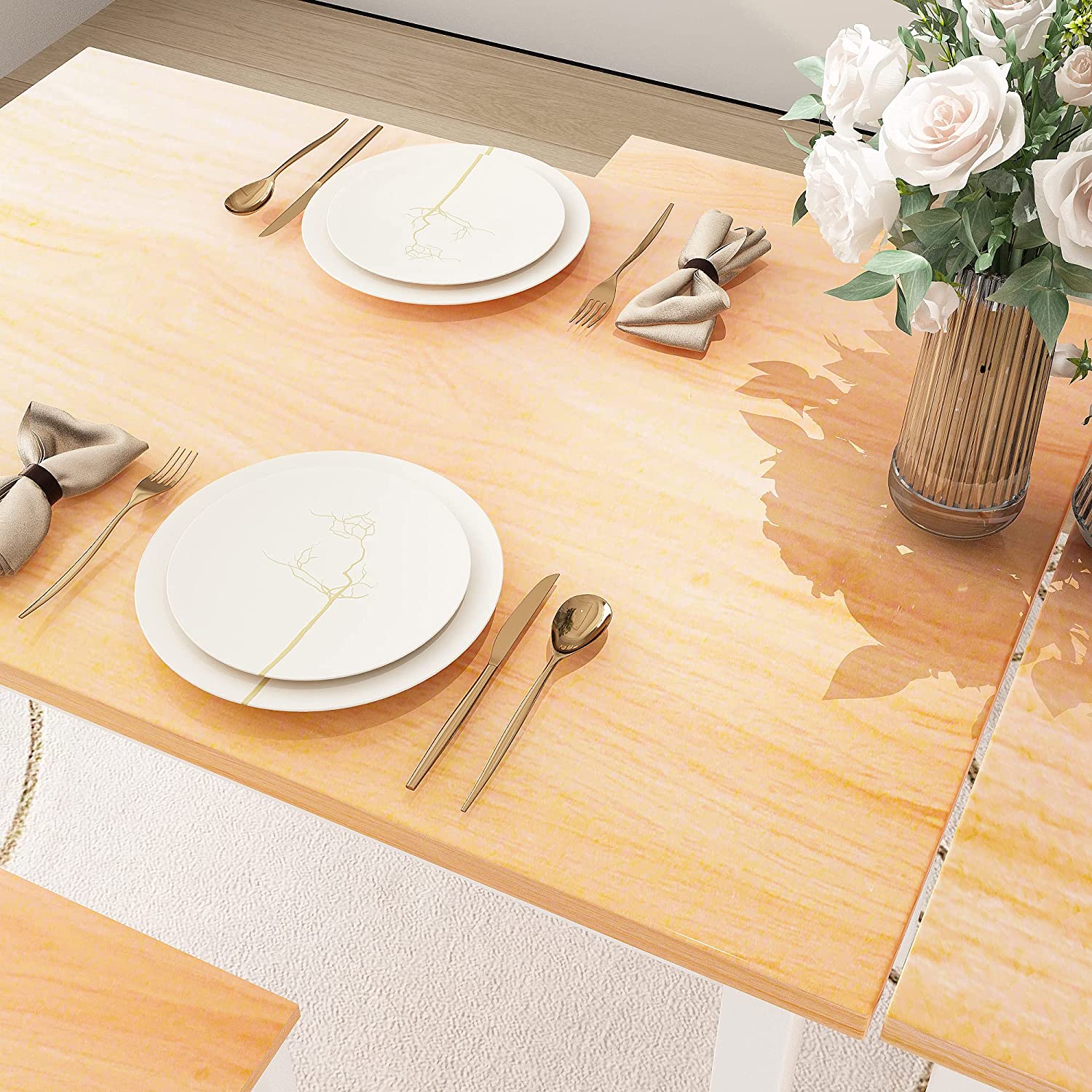 LinkRomat 3 Piece Dining Room Table Set for 2, 47" Farmhouse Dining Table with Benches, Rectangular Kitchen Sets for Small Space, Apartment, Restaurant, White & Walnut