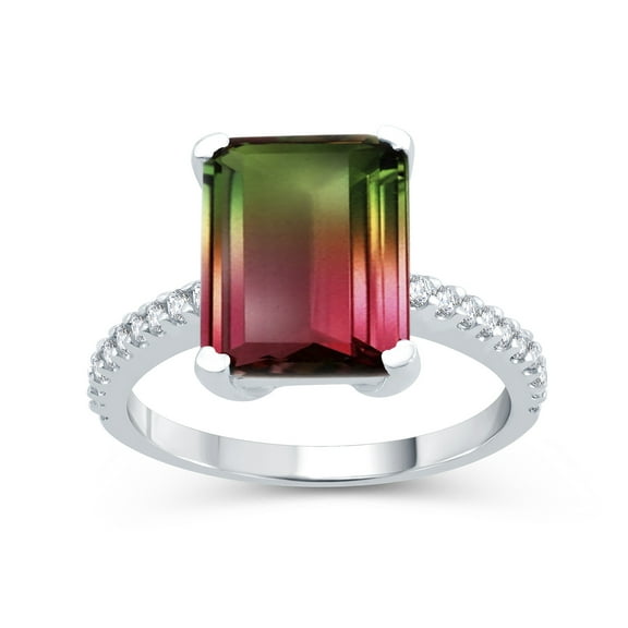 Sterling Silver with Watermelon Tourmaline and Natural White Topaz Solitaire Ring