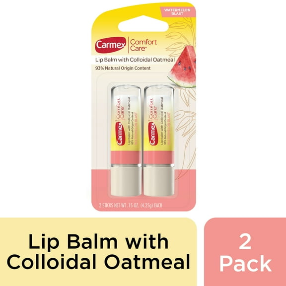 Carmex Comfort Care Lip Balm Sticks with Colloidal Oatmeal, Watermelon, 2 Count (1 Pack of 2)