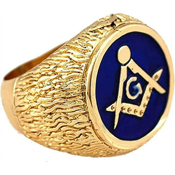 Hip-hop Gold Tone Mason Masonic Blue Enamel Men's Ring Size 12#2