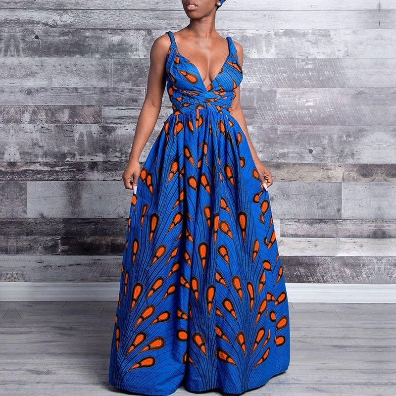 Anself - Women African Printed Maxi Dress Muti Way Slit Halter Off Shoulder Wraparound Vintage 