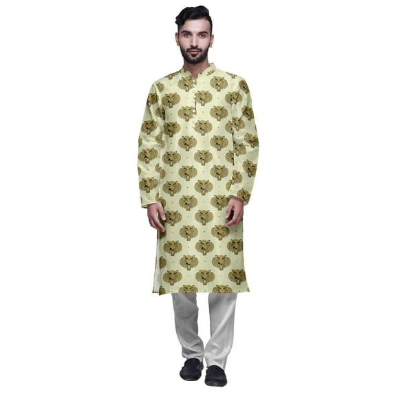 Atasi Mens Printed Modal Satin Indian Long Kurta With White Churidar Pajama Set