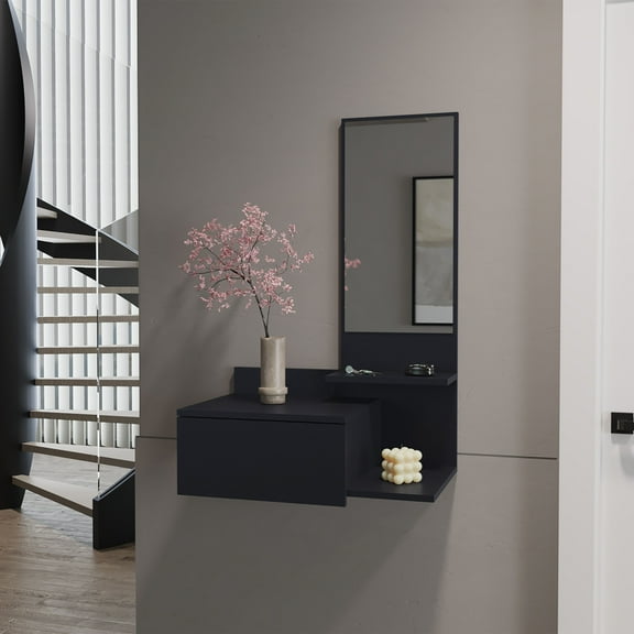 Black Floating Hallway Cabinet for Living Room Space-Saving Design with Mirror and Drawer