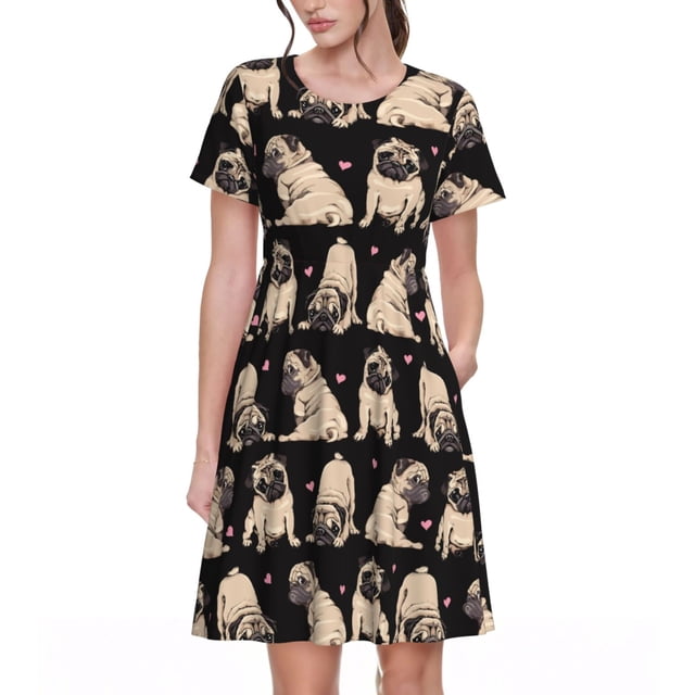 Disketp French Bulldog para Vestido de Manga Corta para Mujeres, Vestidos de Verano para Mujeres, Casual y Holgado para la Playa