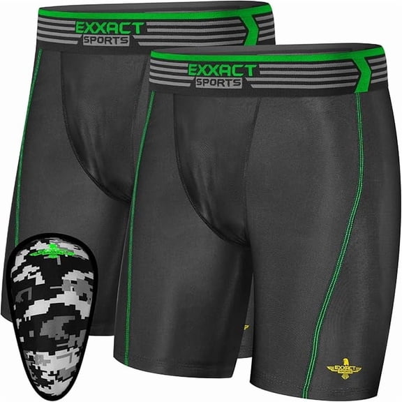 Exxact Sports Youth Compression Shorts with Soft Athletic Cup for Baseball Football Hockey, Boys Cup Underwear with Cup - (Pack Of 2, YXS, Black)