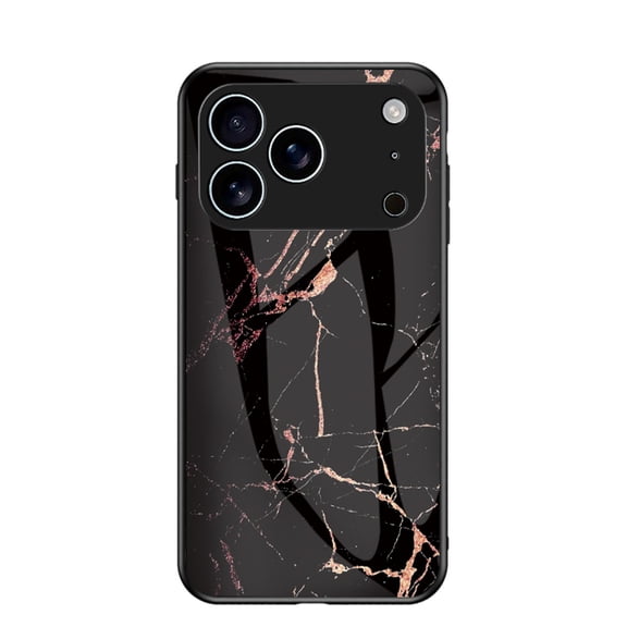 ELEHOLD For iPhone 17 Pro Shockproof Case,Rugged Tempered Glass Back Marble Pattern Reinforced Rubber Bumper Protective Cover With Lens Cover Protection,Gold/Black