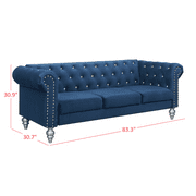 Home Design Emma Contemporary Velvet Rolled Arm Chesterfield Sofa with Diamond Button Tufted Back and Nailhead Trim, Wood-Turned Legs, Modern Luxury, Blue